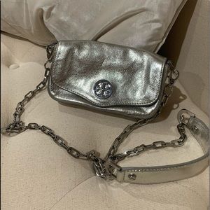 Tory Burch Silver Metallic Leather Crossbody